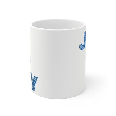 JOY Christmas Hot Cocoa Mug with Snowflake and Blue Christmas Ornament Design