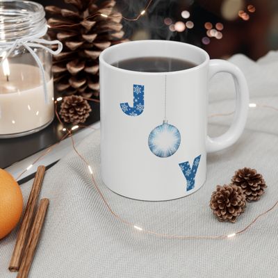 JOY Christmas Hot Cocoa Mug with Snowflake and Blue Christmas Ornament Design