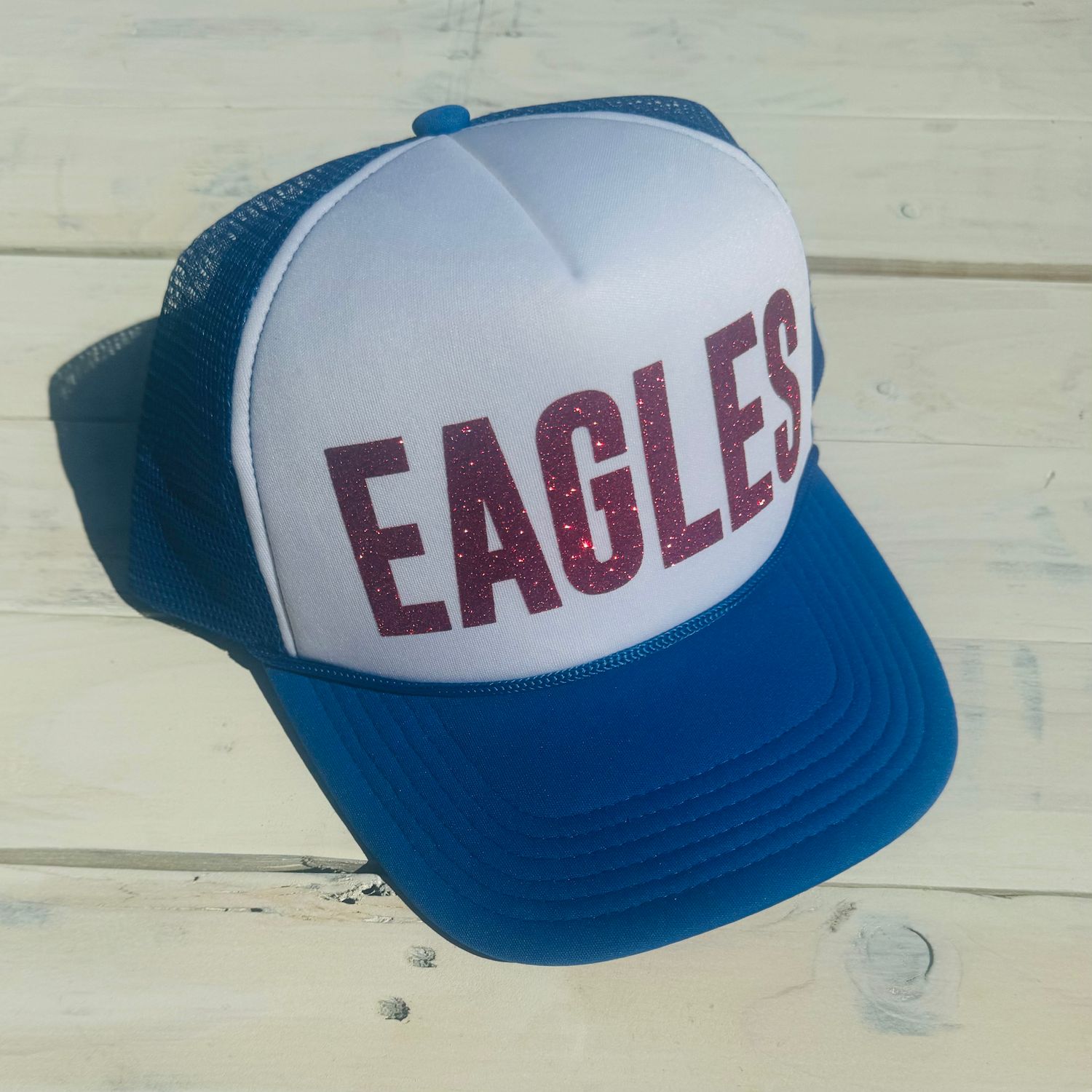 IN STOCK - Blue/White Foam Front Trucker Hat w/ Red Glitter EAGLES