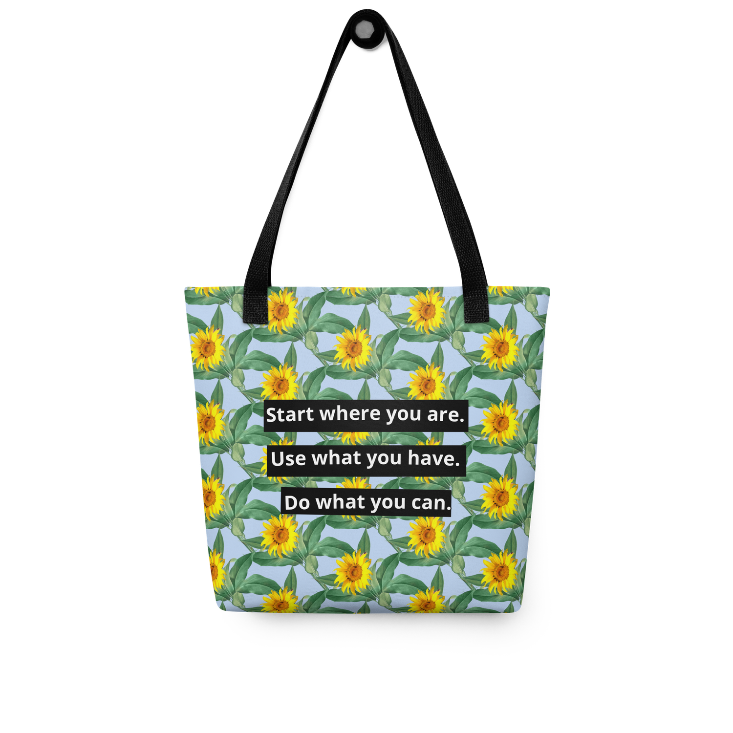 Sunflower theme motivational words printed tote bag