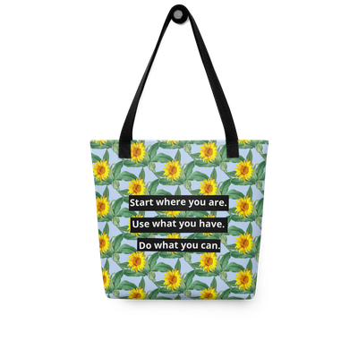 Sunflower theme motivational words printed tote bag