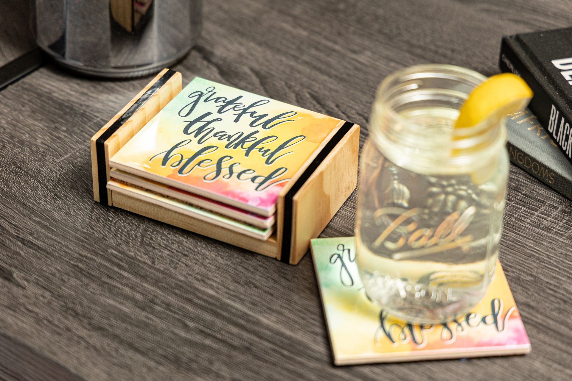 Grateful, Thankful Blessed - Coaster Set with Holder