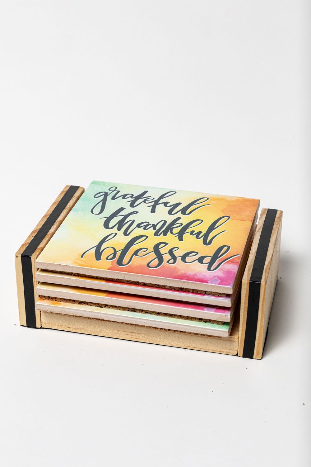 Grateful, Thankful Blessed - Coaster Set with Holder