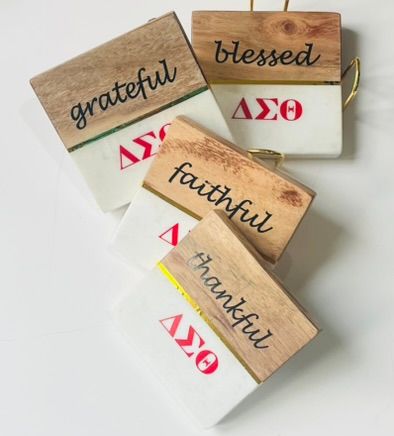 Variety Wood/Marble DST Inspirational Coaster Set in Gold Metal Holder