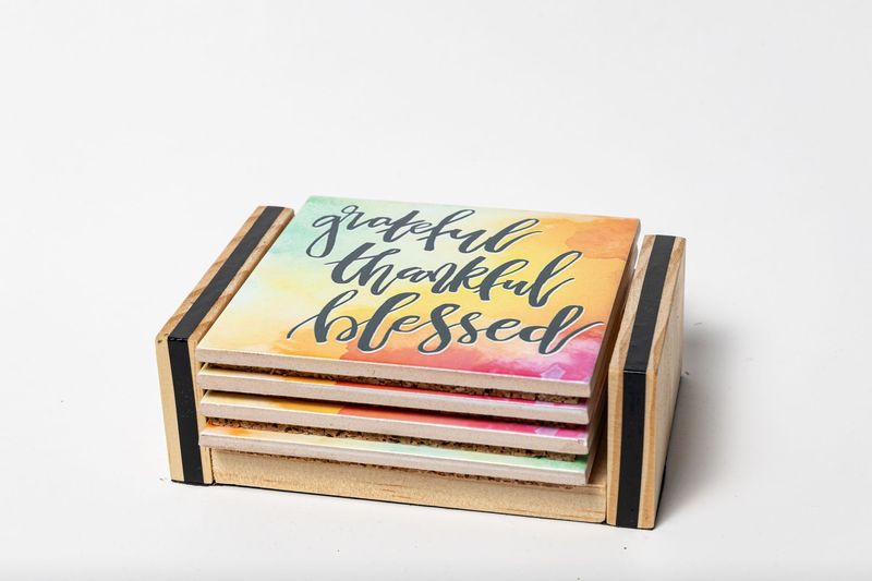 Grateful, Thankful Blessed - Coaster Set with Holder Grateful, Thankful Blessed - Coaster Set with Holder
