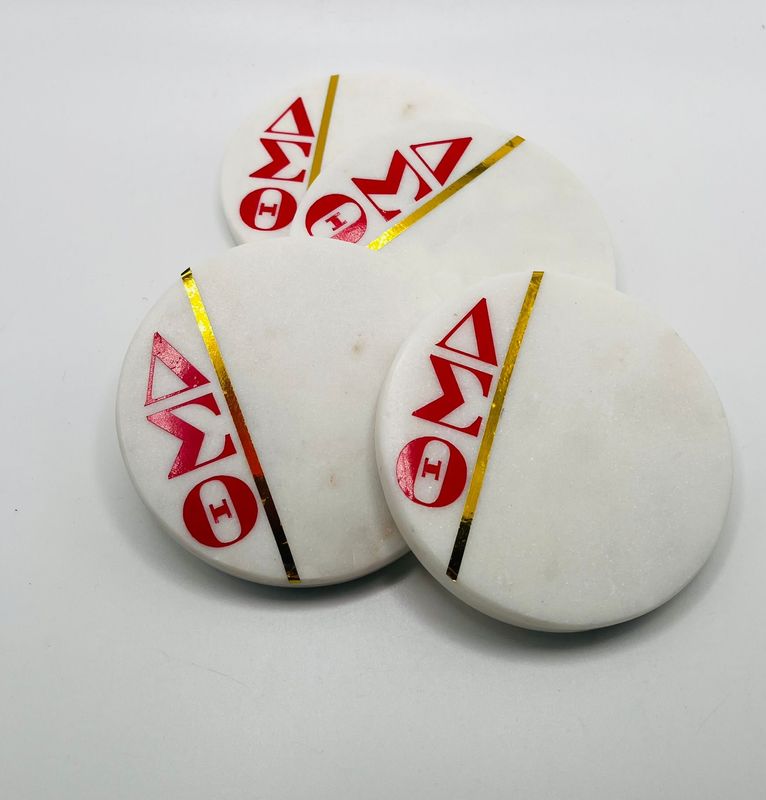 White Marble Circle Coasters with DST Greek Letters White Marble Circle Coasters with DST Greek Letters