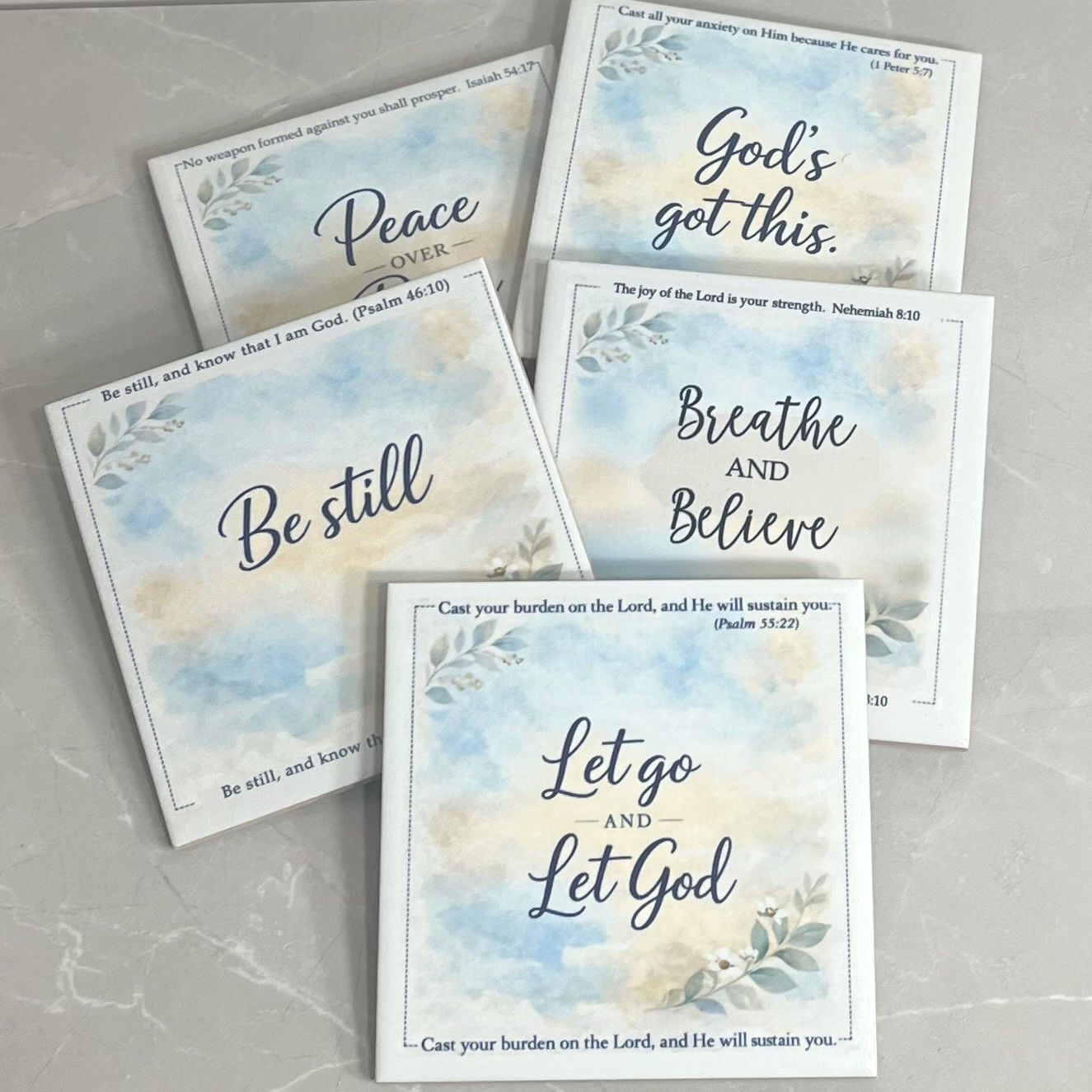 Peace Collection – Scripture Coaster Set (Set of 4 + 1 Bonus Coaster) + Sleek Gold Holder