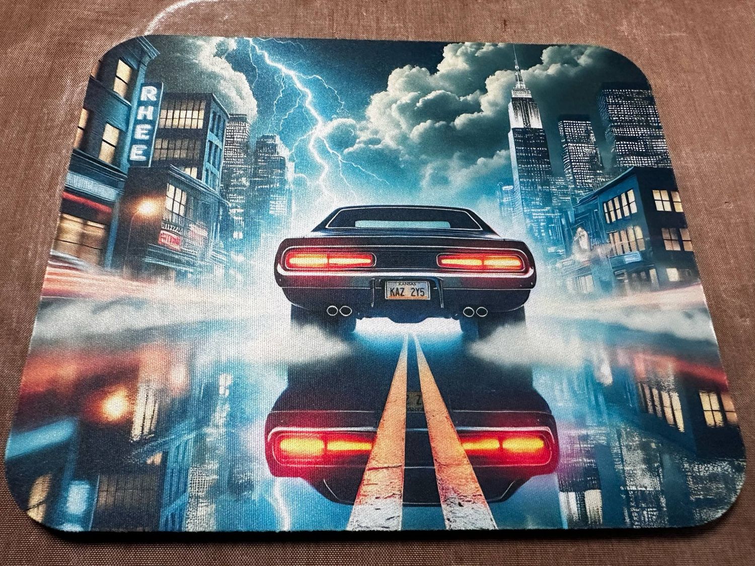 Classic Black Car in Stormy City Mouse Pad