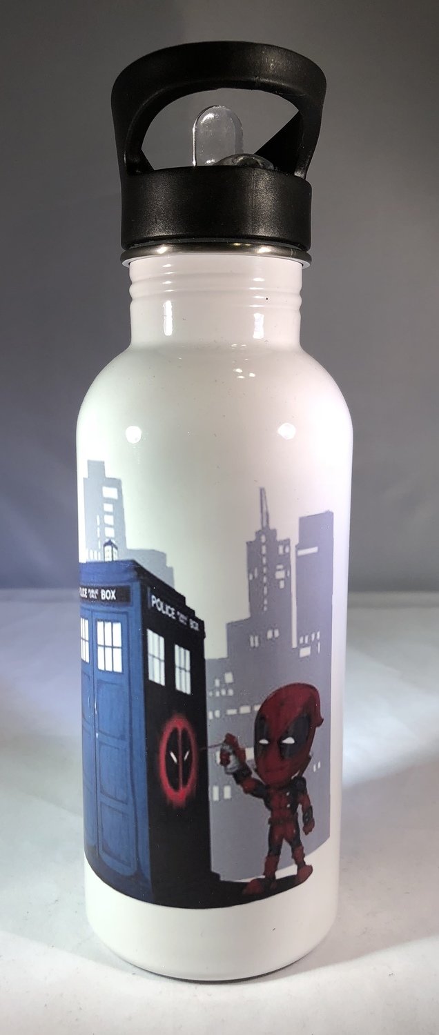 Deadpool tagging the TARDIS Water Bottle
