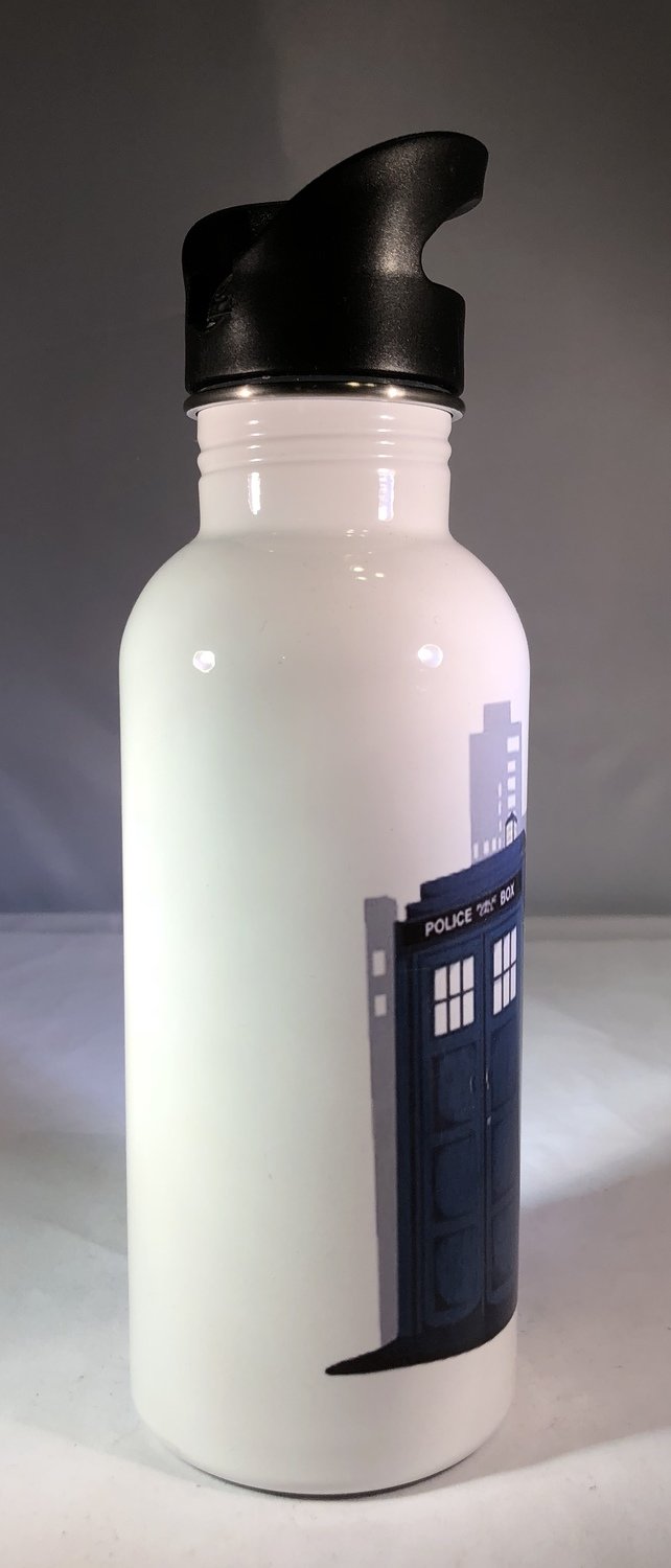 Deadpool tagging the TARDIS Water Bottle