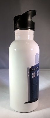 Deadpool tagging the TARDIS Water Bottle