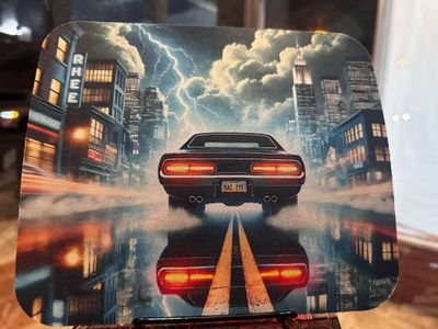 Classic Black Car in Stormy City Mouse Pad