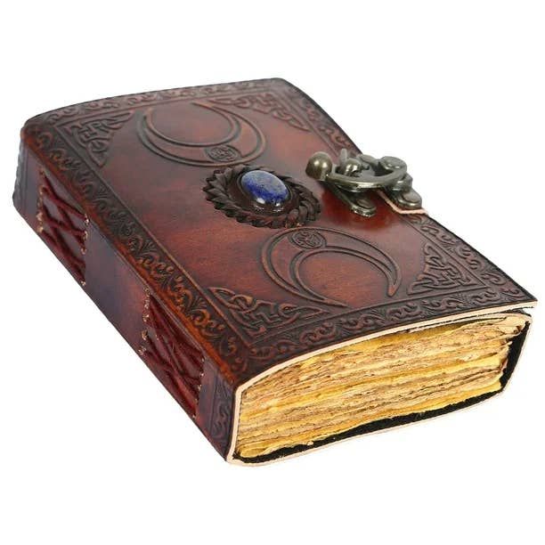 Crescent Pure Leather Stone Leather Bound Journal Moon with Brown Stone, Style: Deckle Pages