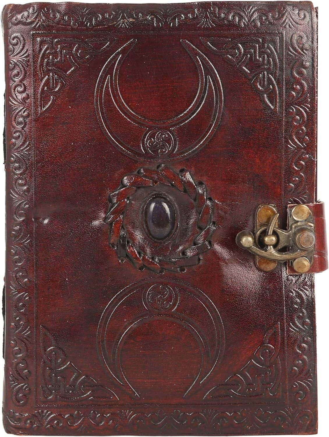 Crescent Pure Leather Stone Leather Bound Journal Moon with Brown Stone