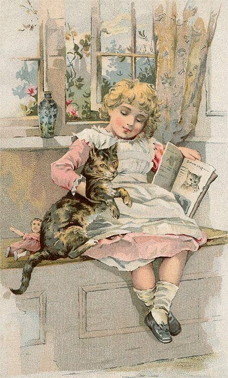 Postcard KF-547 Old Fashioned Girl with Cat