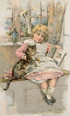 Postcard KF-547 Old Fashioned Girl with Cat