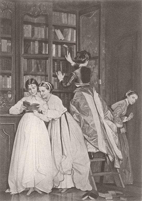 Postcard LT-394 Women Sneaking into Library