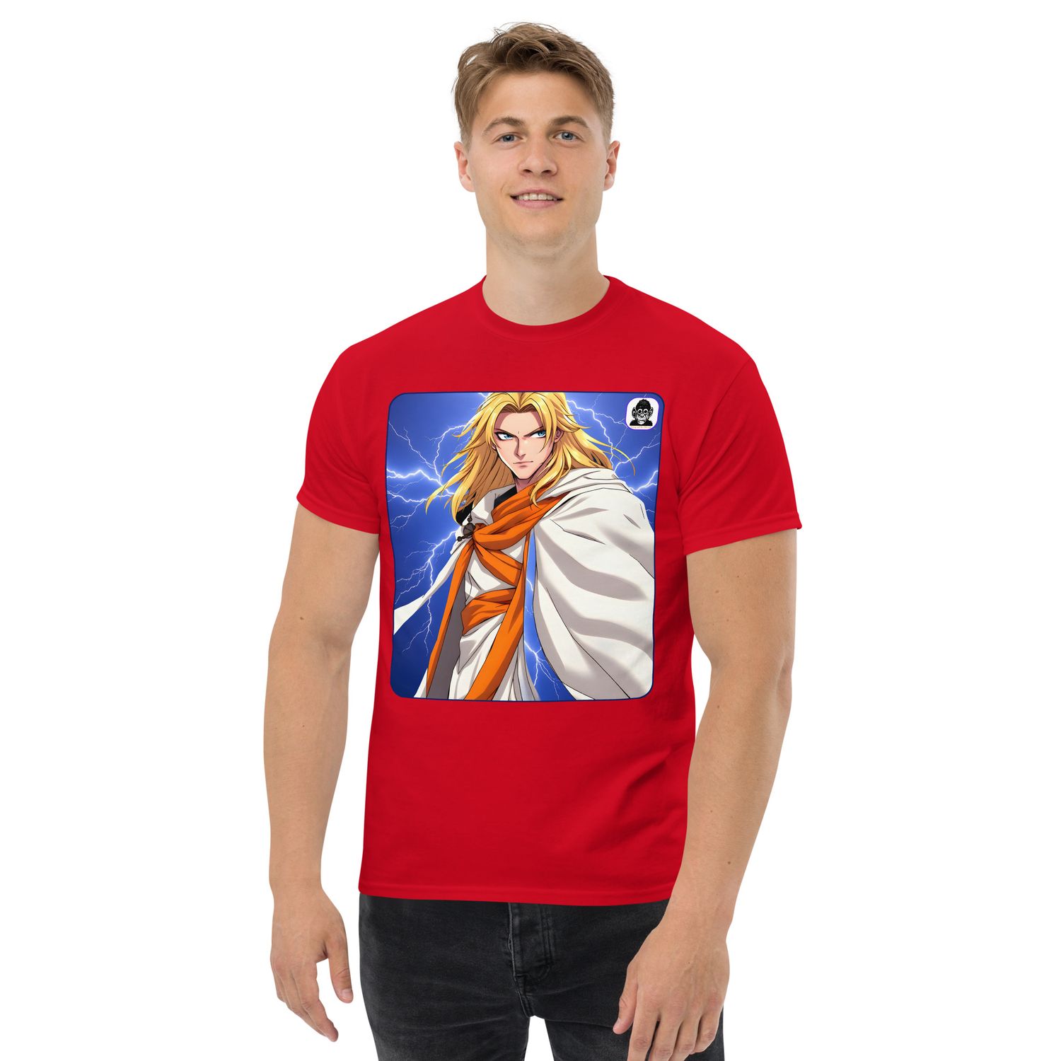 Blonde male blue and lightning Unisex classic Anime T-Shirt