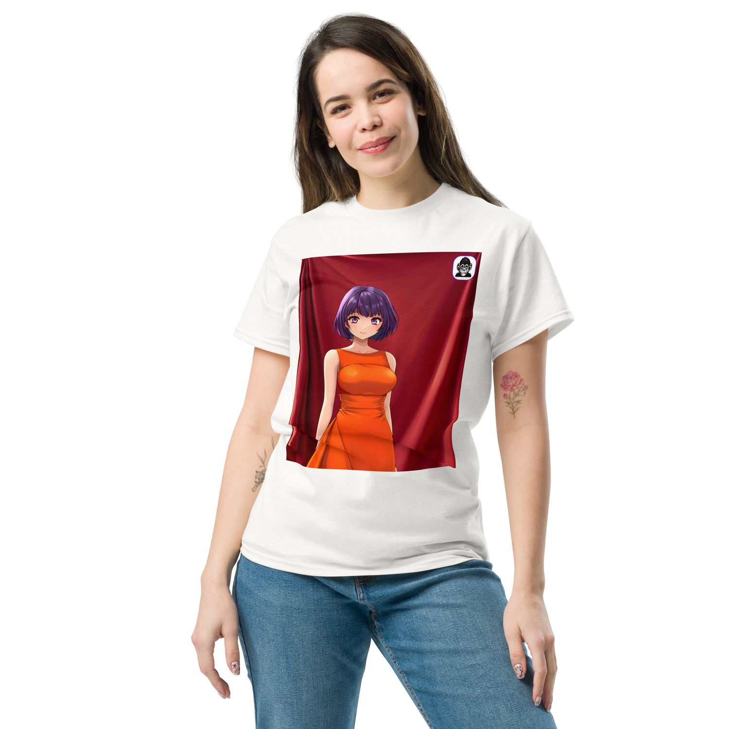 Orange dressed girl in front of red drape Unisex classic Anime T-Shirt