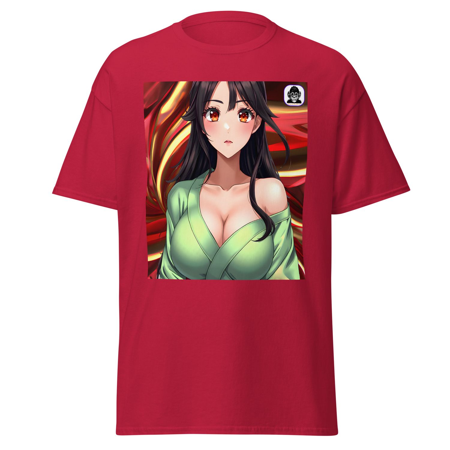 Brunette wearing green dress red and gold Unisex classic Anime T-Shirt 