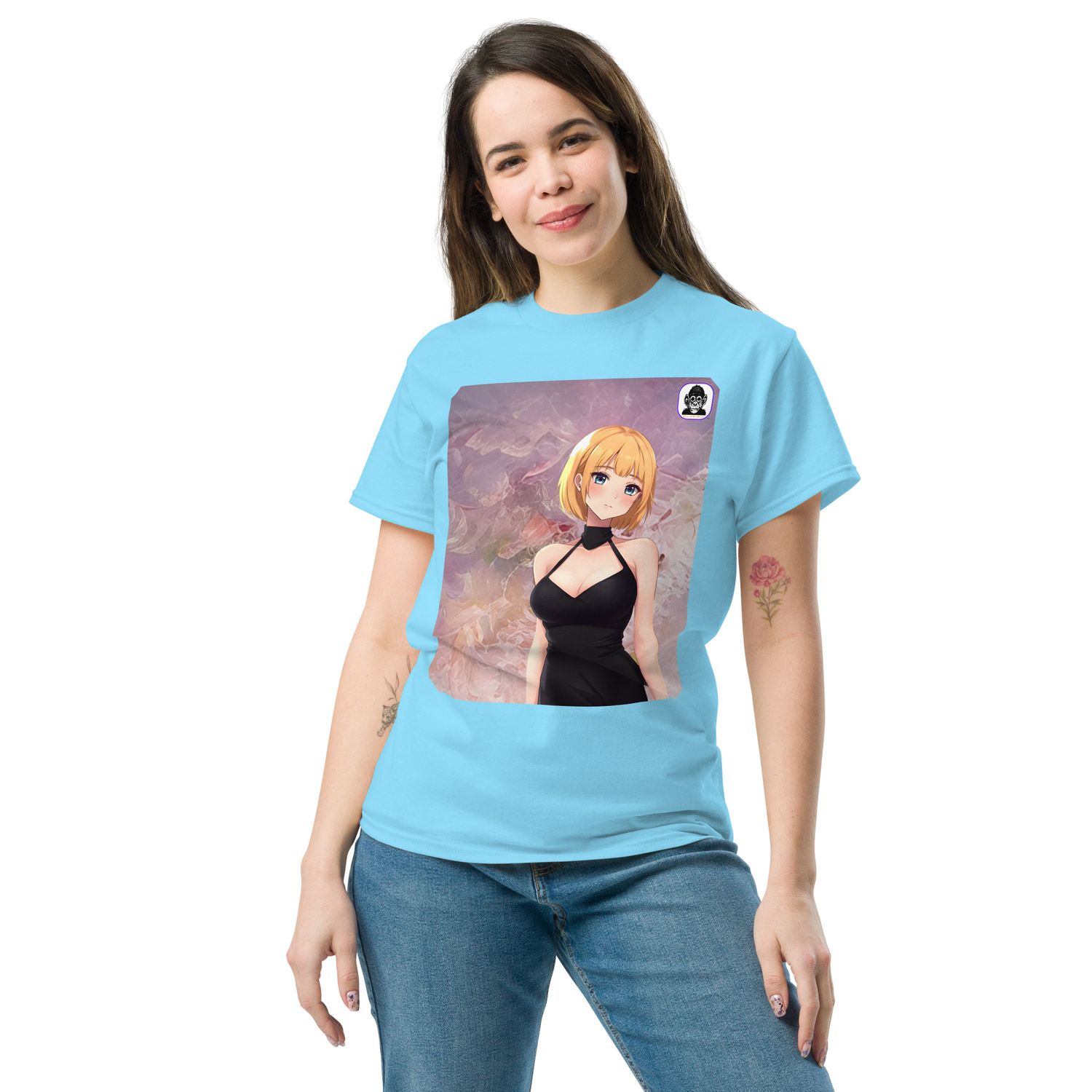 Blonde with black dress on pink texture Unisex classic Anime T-Shirt