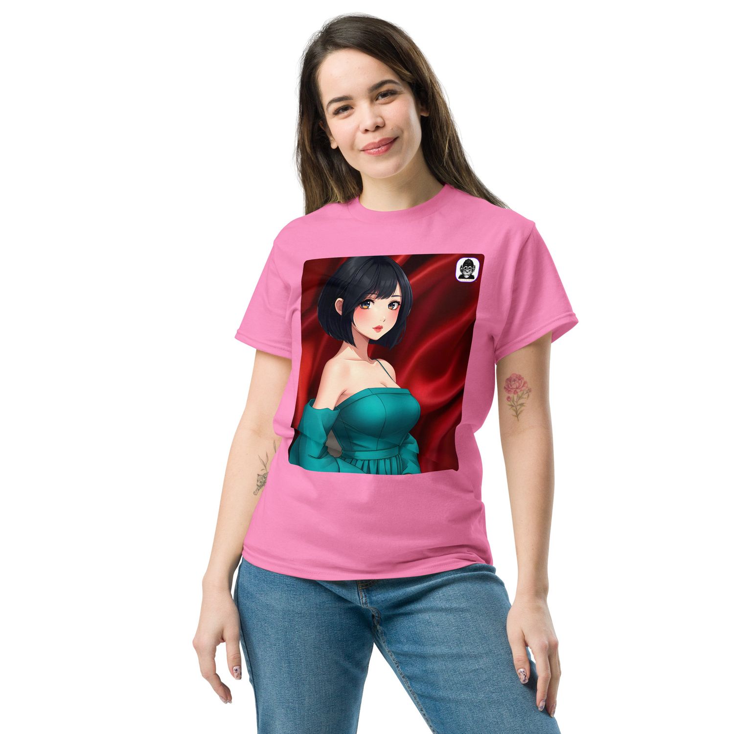Brunette female, teal dress, red silk Unisex classic Anime T-shirt