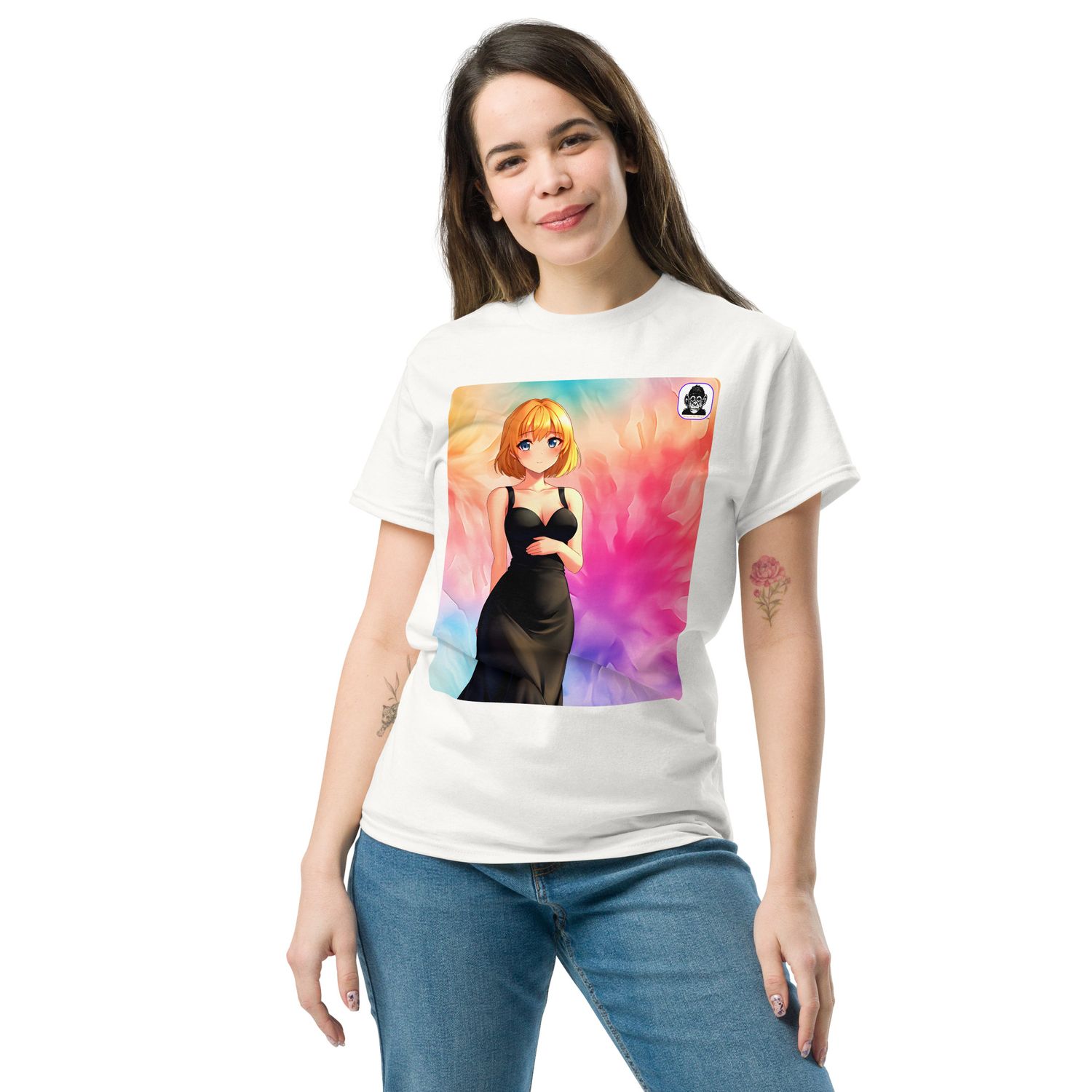 Female blonde, black dress, rainbow background Unisex classic Anime T-Shirt