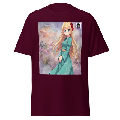 Blonde girl in green dress, cherry blossoms Unisex classic Anime T-Shirt