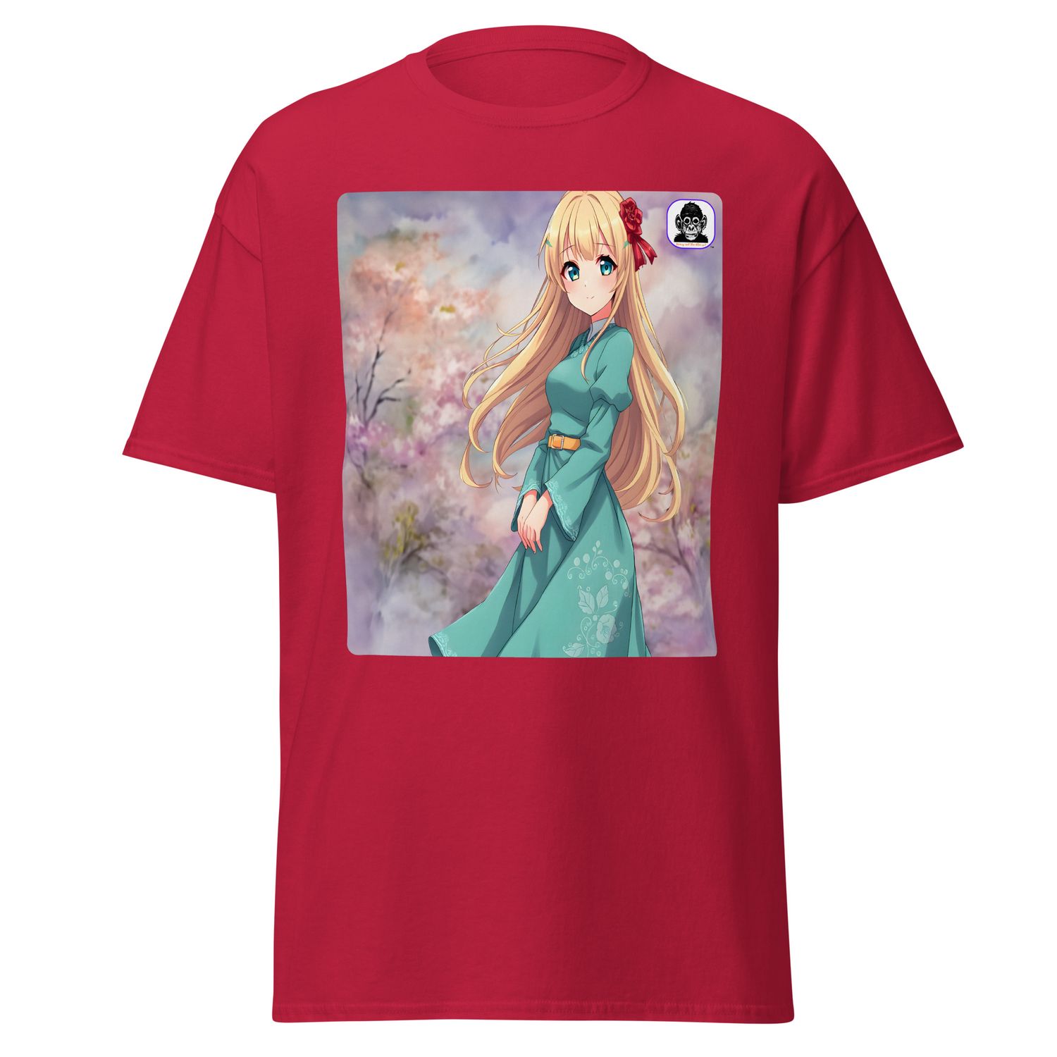 Blonde girl in green dress, cherry blossoms Unisex classic Anime T-Shirt