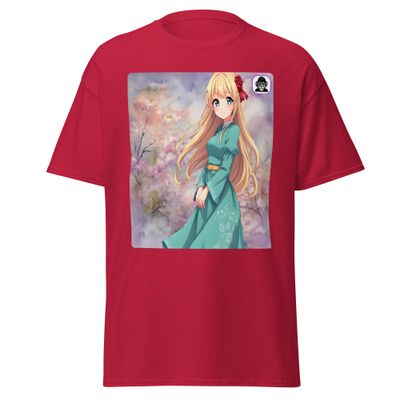 Blonde girl in green dress, cherry blossoms Unisex classic Anime T-Shirt