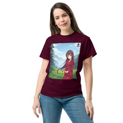 Black hair, red dress, forest setting Unisex classic Anime T-shirt