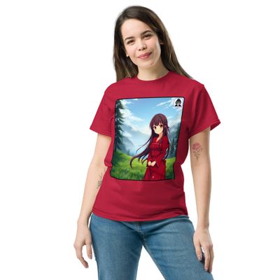 Black hair, red dress, forest setting Unisex classic Anime T-shirt