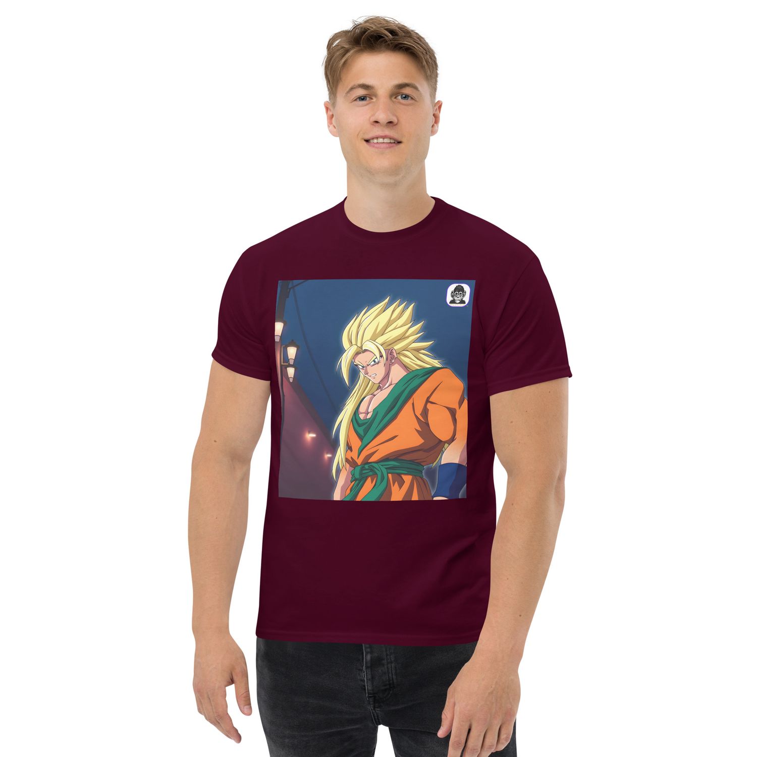 Blonde warrior in orange and green cityscape Unisex classic Anime T-Shirt