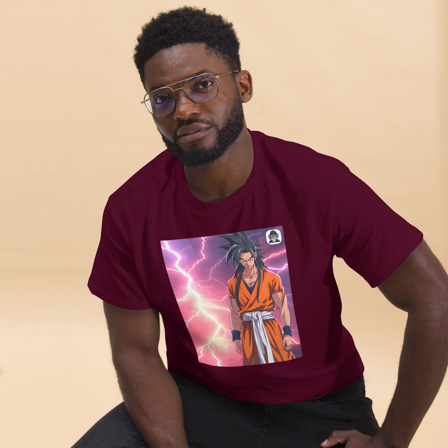 Black haired fighter, orange, lightning background Unisex classic Anime T-Shirt
