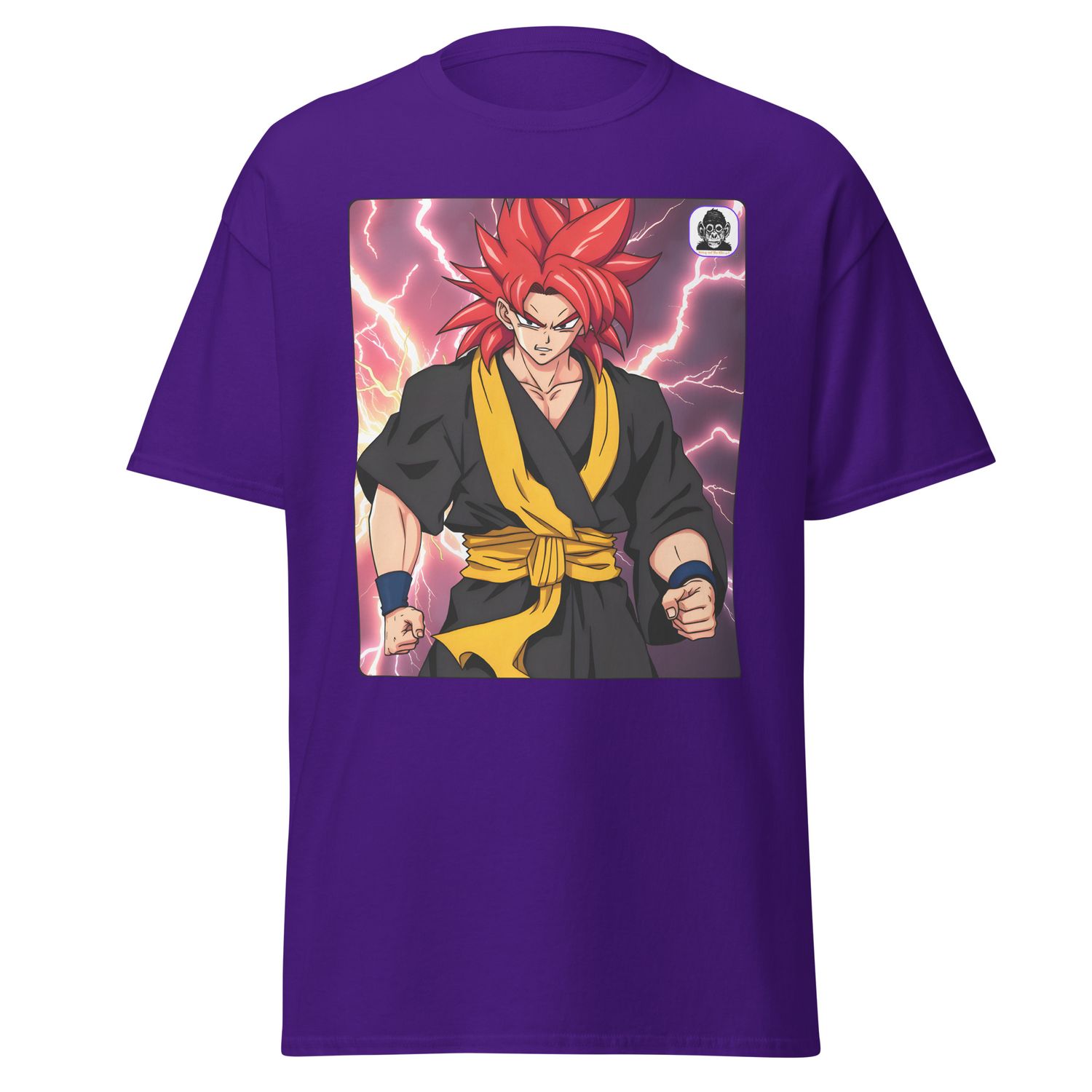 Red haired fighter black robe lightning background. Unisex classic Anime T-Shirt