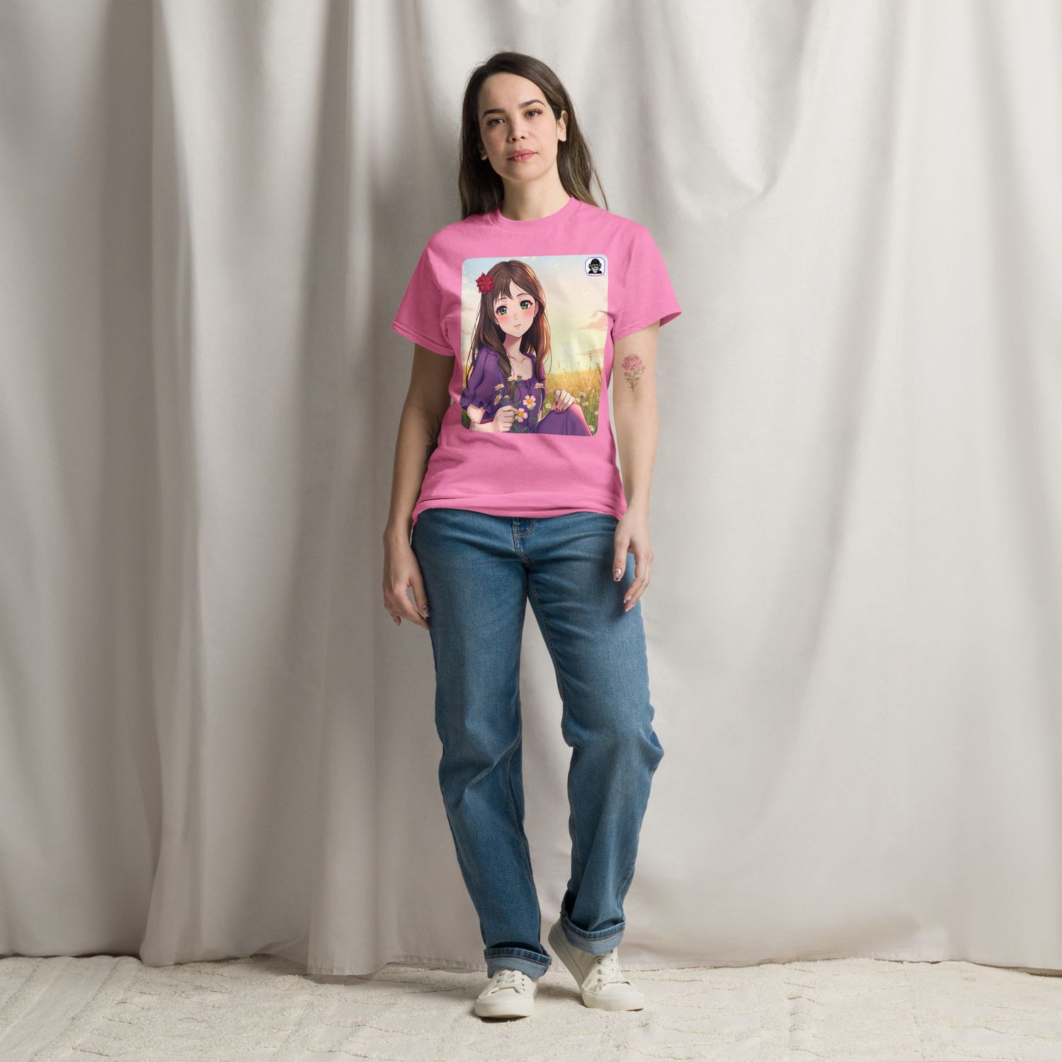 Brown hair Purple dress field flowers Unisex classic Anime T-Shirt