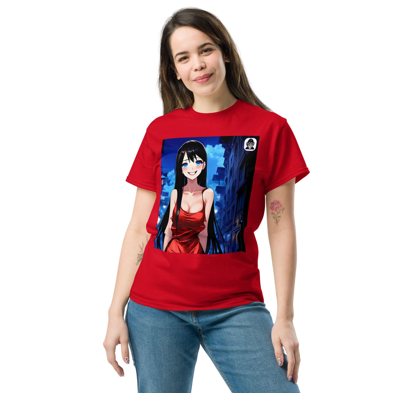 Girl with black hair red dress city background Unisex classic Anime T-Shirt