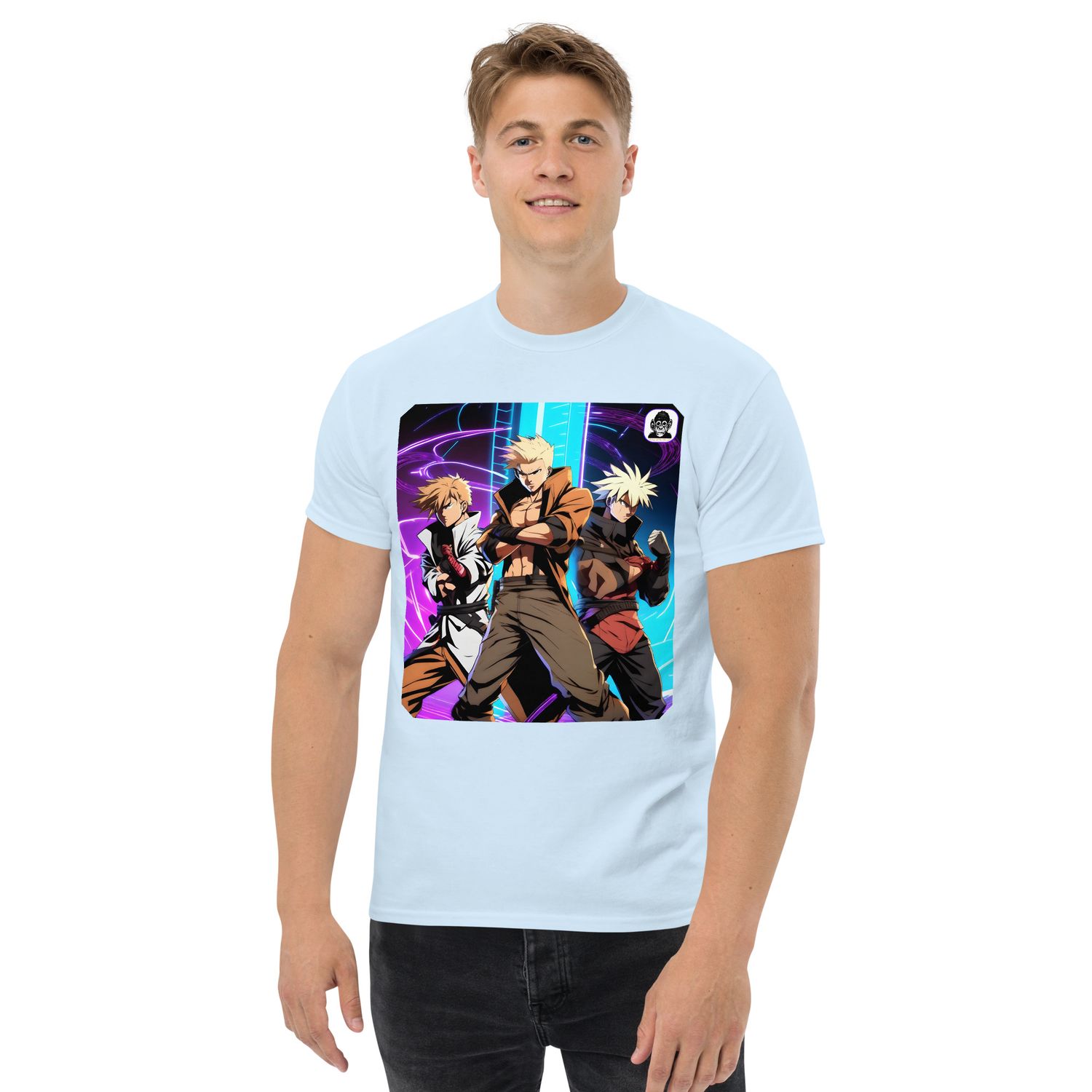 Three light haired Anime fighters futuristic background Unisex classic Anime T-Shirt