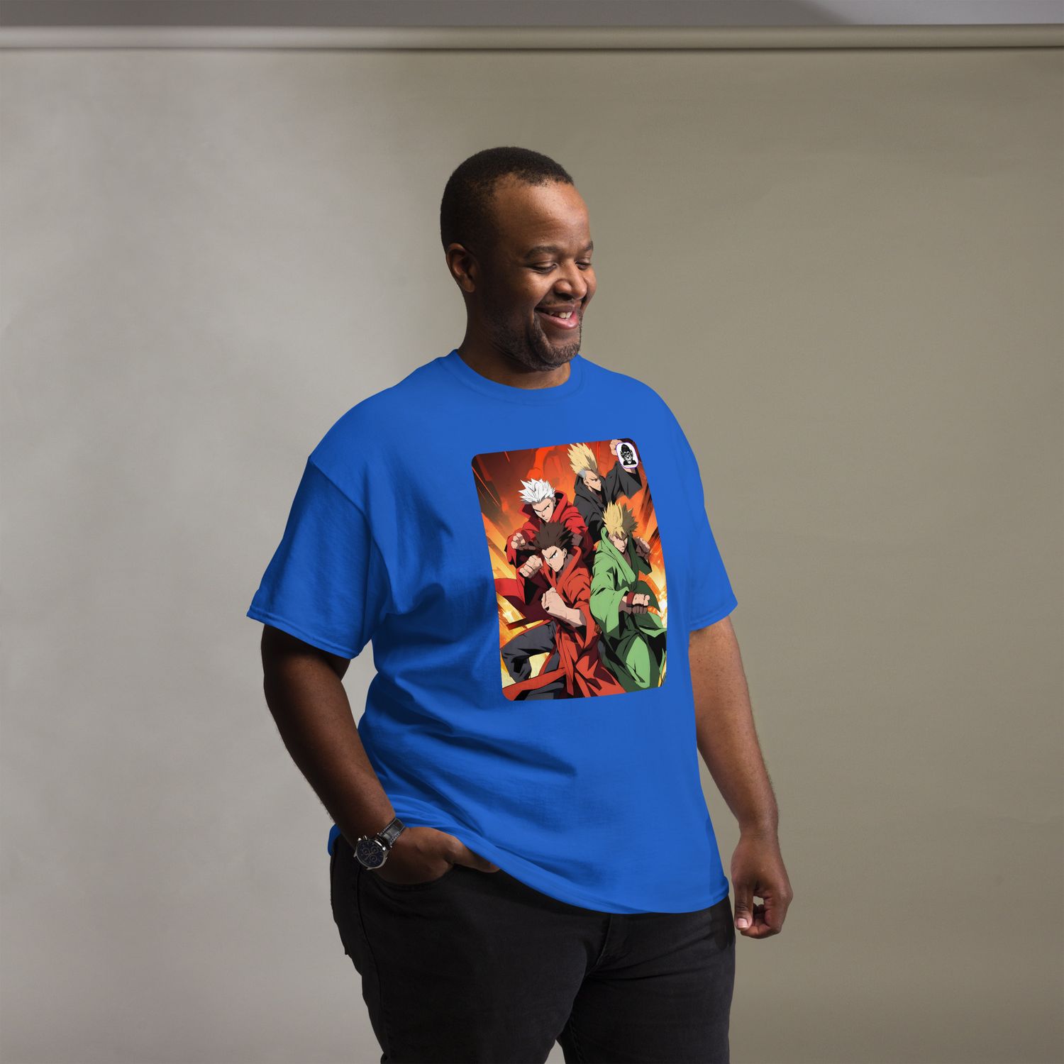 Four Anime fighters with explosive background Unisex classic Anime T-Shirt