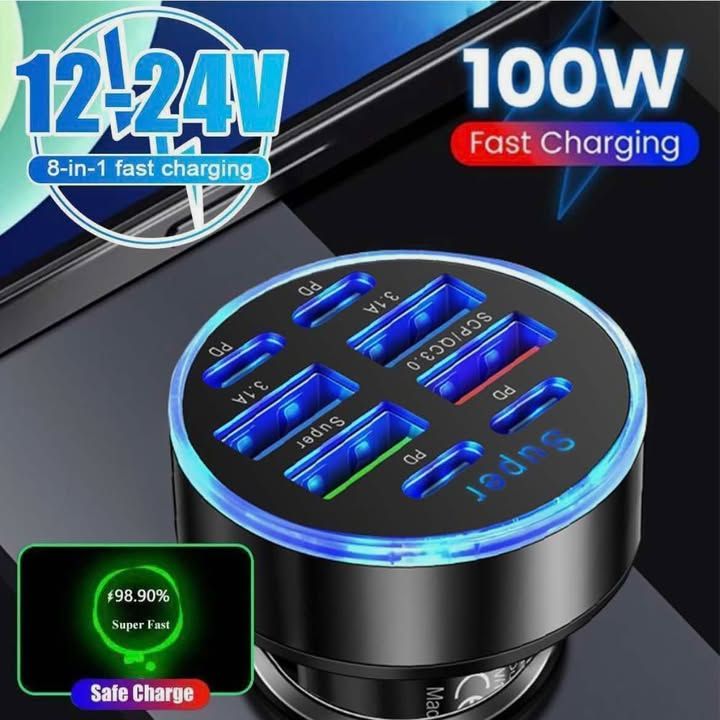 8-Port Car Charger with Digital Display - 100W Fast &amp; USB-C Charging S0C7