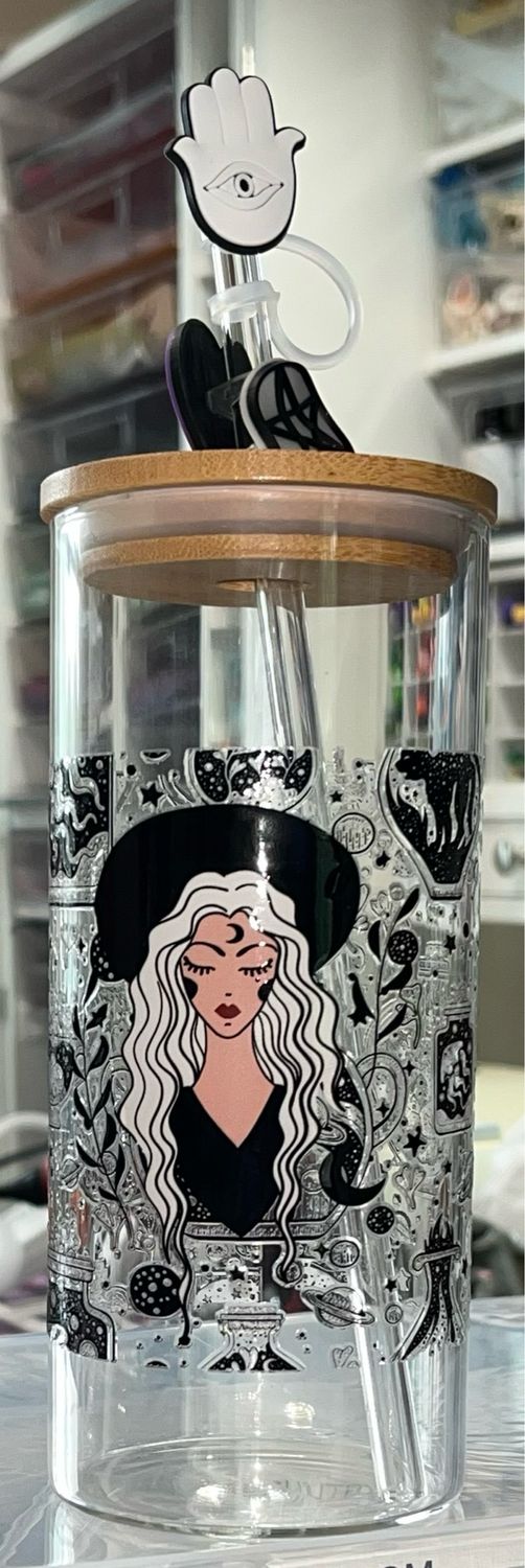16 oz Witchy Glass Tumbler W/ free straw topper and charm