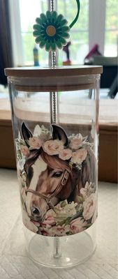 20 Oz Glass Tumbler w/decal,straw brush,straw topper and charm
