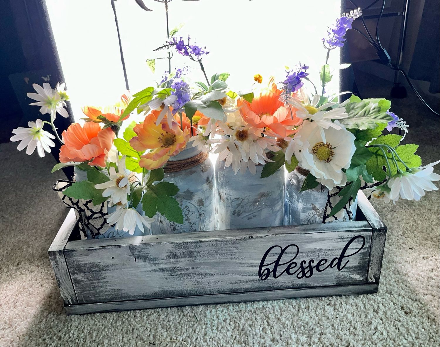 Wooden Box with Mason Jar Flower Arrangement