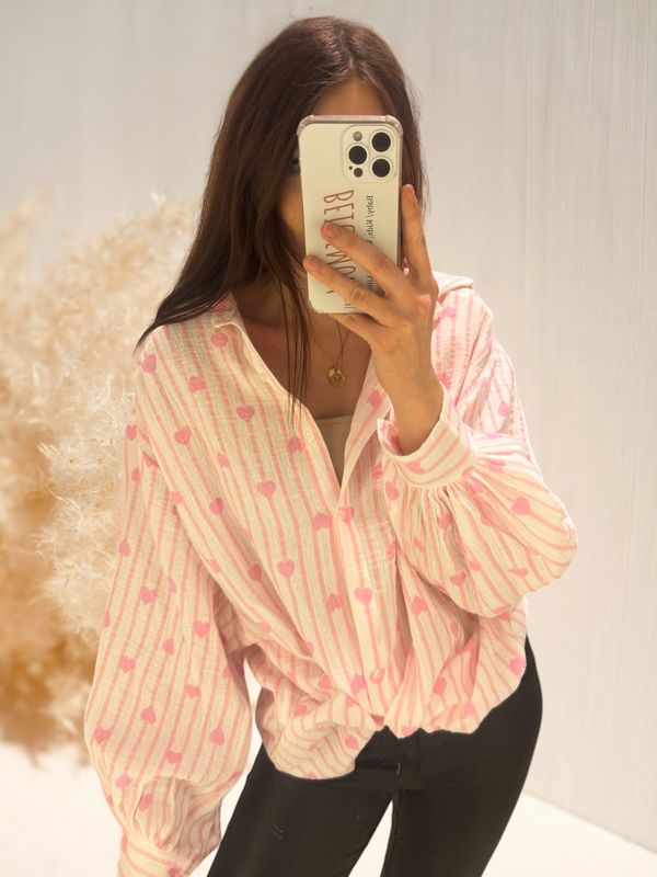 Oversize Hemdbluse mit Herzen - One Size (38-50)
