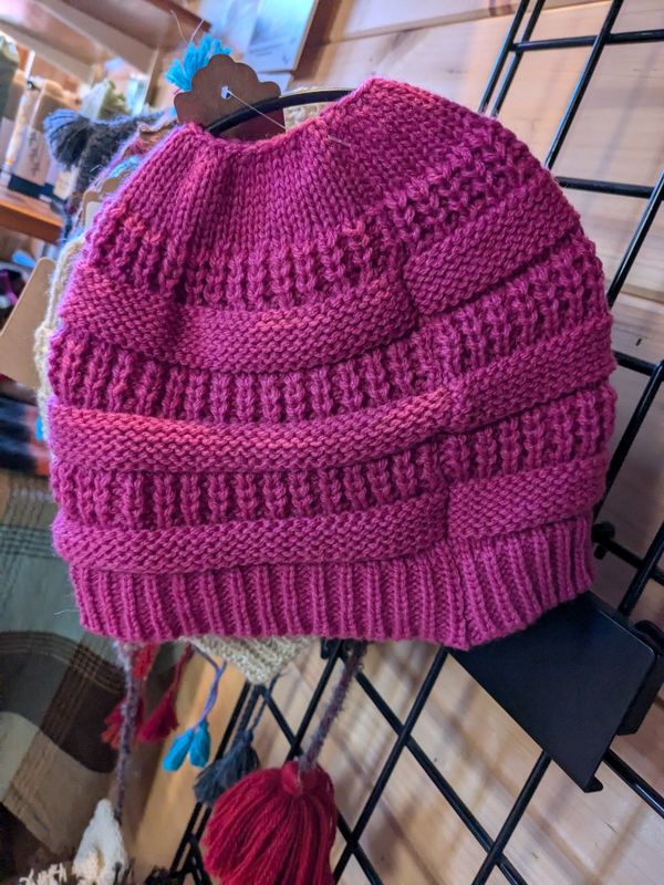 Ponytail Messy Bun Beanie Knit Winter Hat 100% Alpaca Solid
