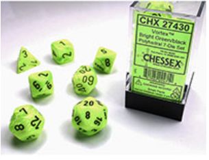 Chessex - Vortex Polyhedral 7 Dice Set - Bright Green w/Black