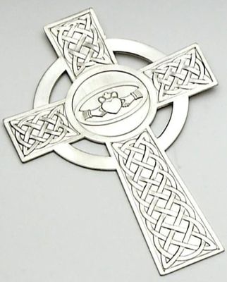 Pewter Claddagh Irish Cross 8"