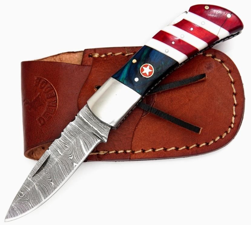 PCKT KNF: Damasc USA Flag Wood inlay 8"