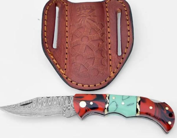 Knife: Damascus BLD Red&amp;Blue HNDL