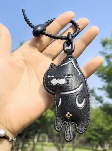 Keychain: Cartoon Cat  BLK LTHR